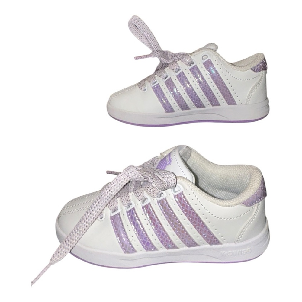 Toddler Girls K-SWISS White Leather Purple Glitter Stripe Sneakers kids Size 11 - Picture 6 of 12
